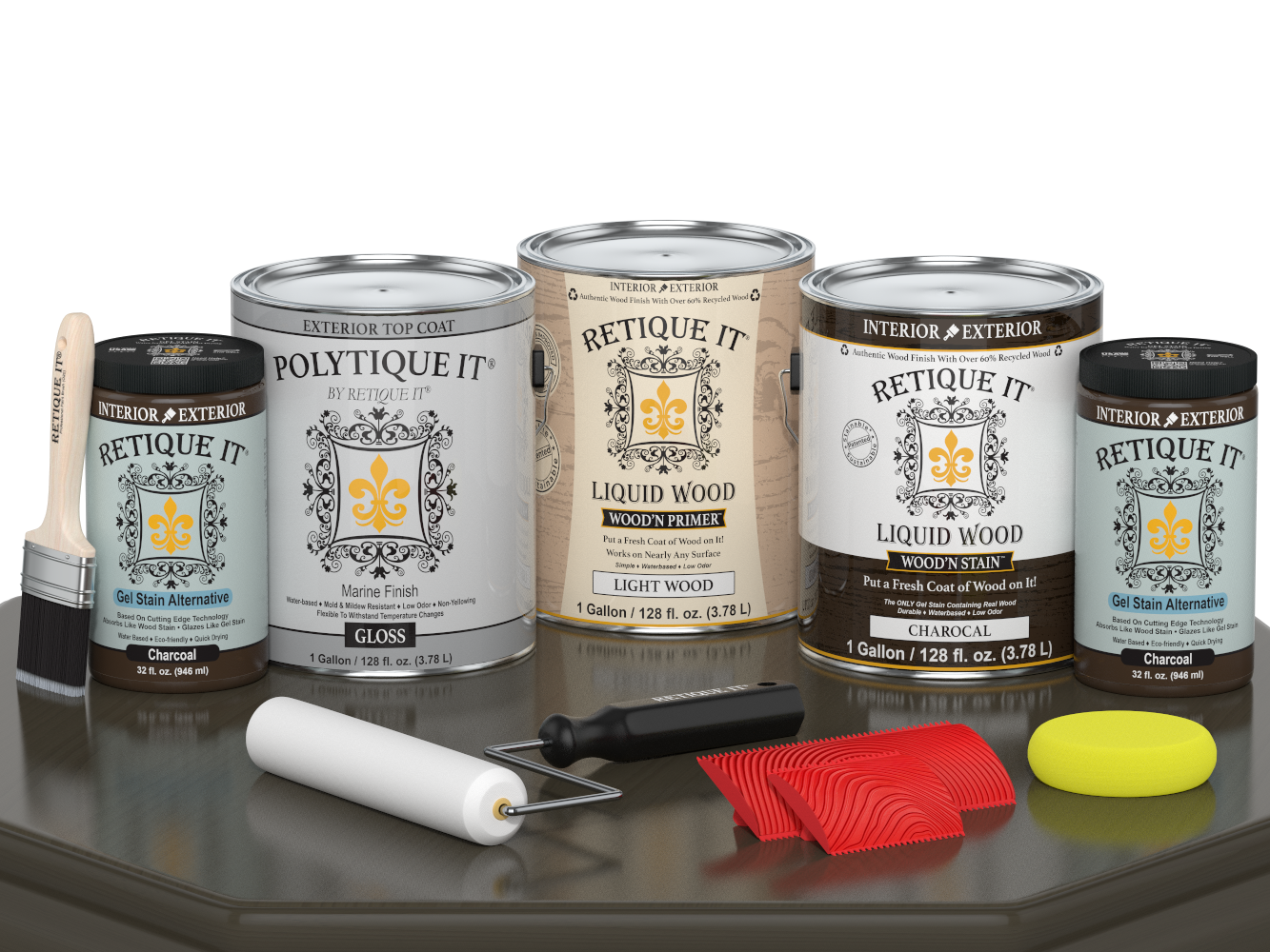 Retique It® Wood'n Finish Kit in Charcoal, large exterior top coat set with gloss finish, shown in a table setting.
