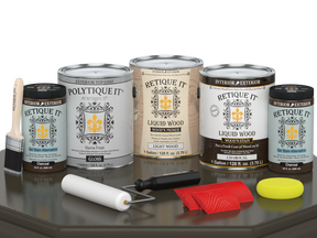 Retique It® Wood'n Finish Kit in Charcoal, large exterior top coat set with gloss finish, shown in a table setting.