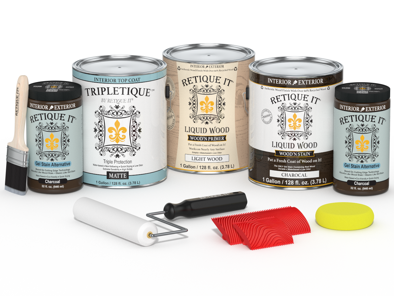 Retique It® Wood'n Finish Kit, 4 large charcoal interior top coat bottles, matte finish for wood furniture and surfaces.