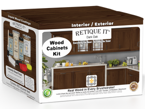 Dark oak Wood'n Cabinet Kit with 48 grained door stains from Retique It® showing textured wood grain and cabinet assembly
