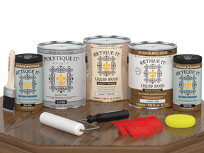 Retique It® Wood'n Finish Kit in Dark Oak for exterior wood, includes four large containers with glossy top coat finish.