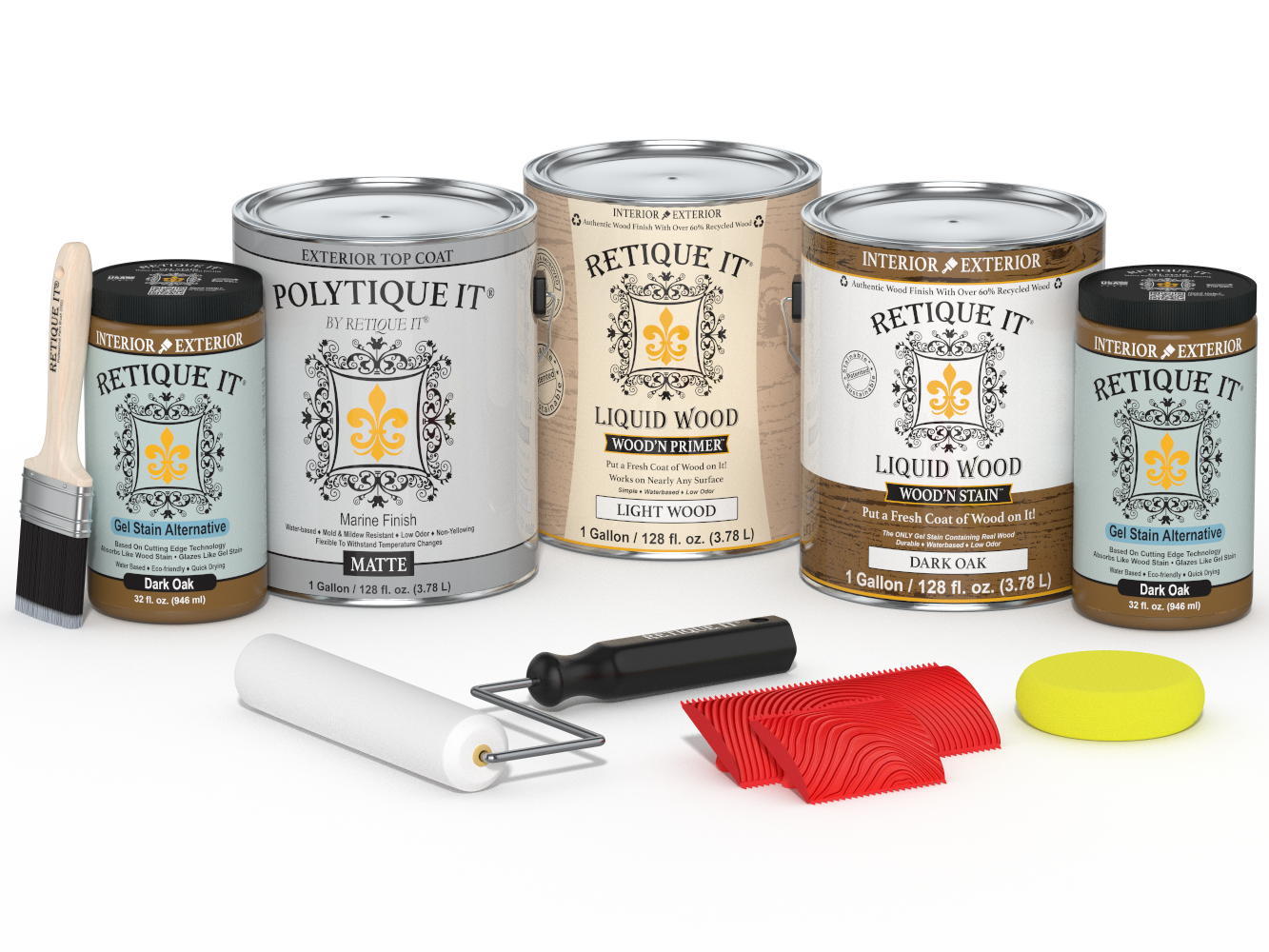 Retique It® Wood'n Kit in dark oak with matte finish, includes four large exterior top coat wood finish bottles.