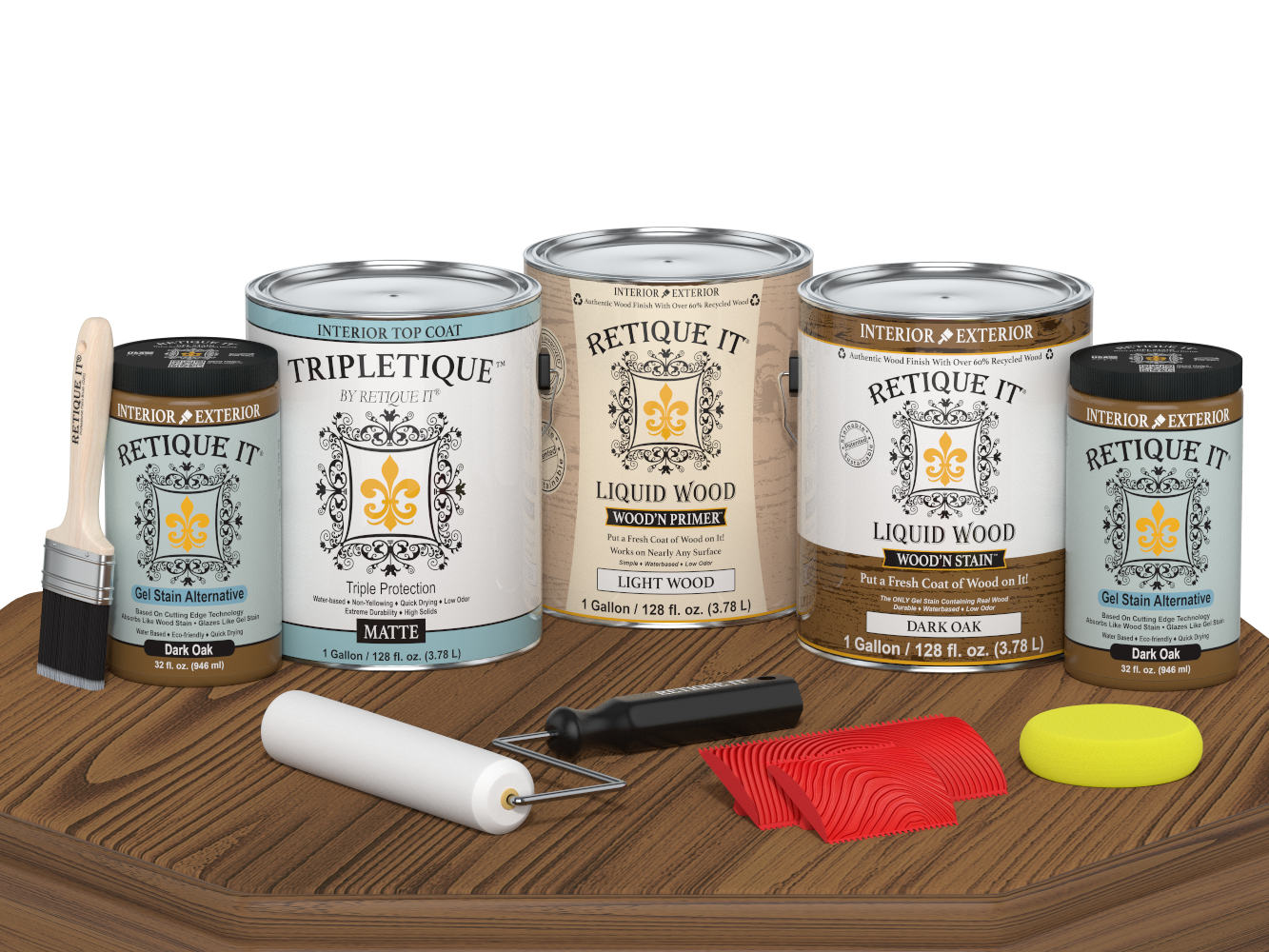 Retique It® Wood'n Finish Kit in Dark Oak, interior top coat for wood, featuring four large bottles with matte finish.