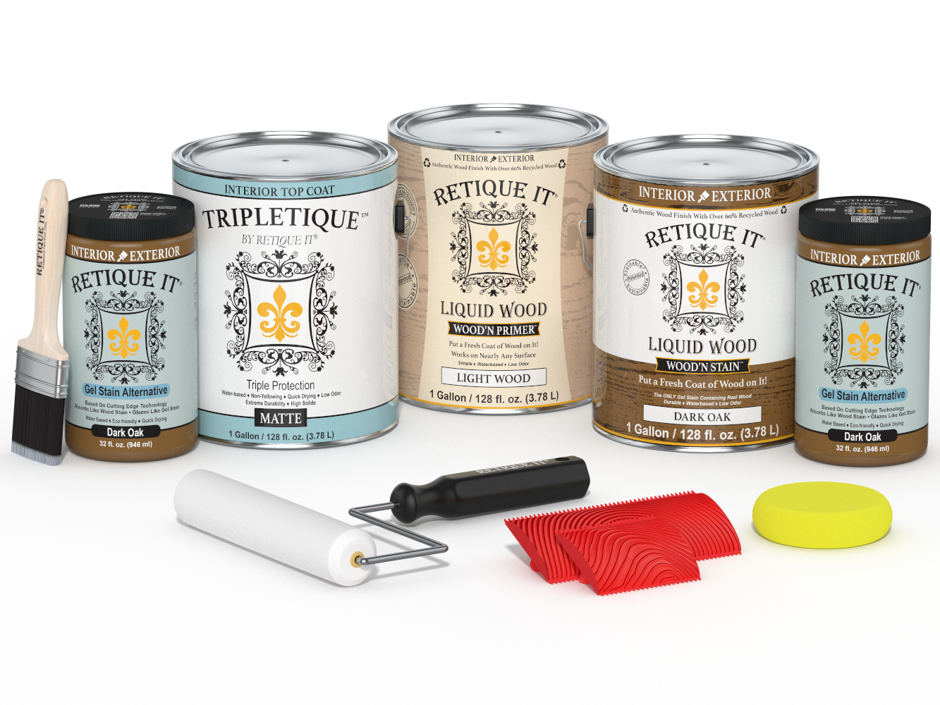 Retique It® Wood'n Finish Kit in Dark Oak with matte top coat, includes four large containers for multi-purpose wood finishing.