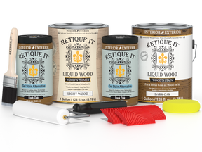 Dark oak multi-purpose Wood'n Kit by Retique It® with four large containers of wood finish for furniture and wood projects.