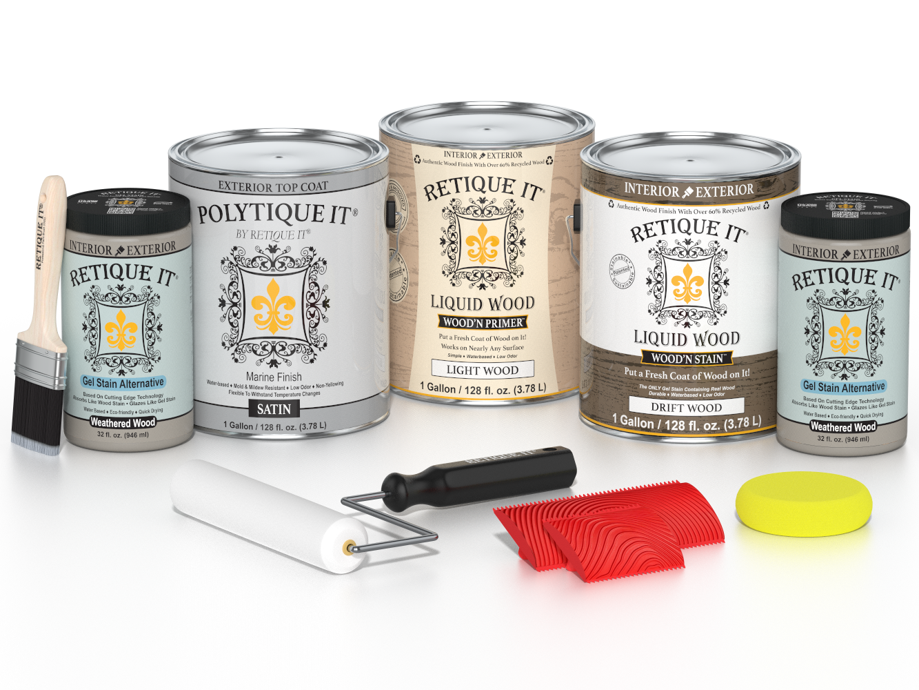 Retique It® Wood'n Kit with four large driftwood finish containers, satin exterior top coat, for multi-purpose wood finishing projects.