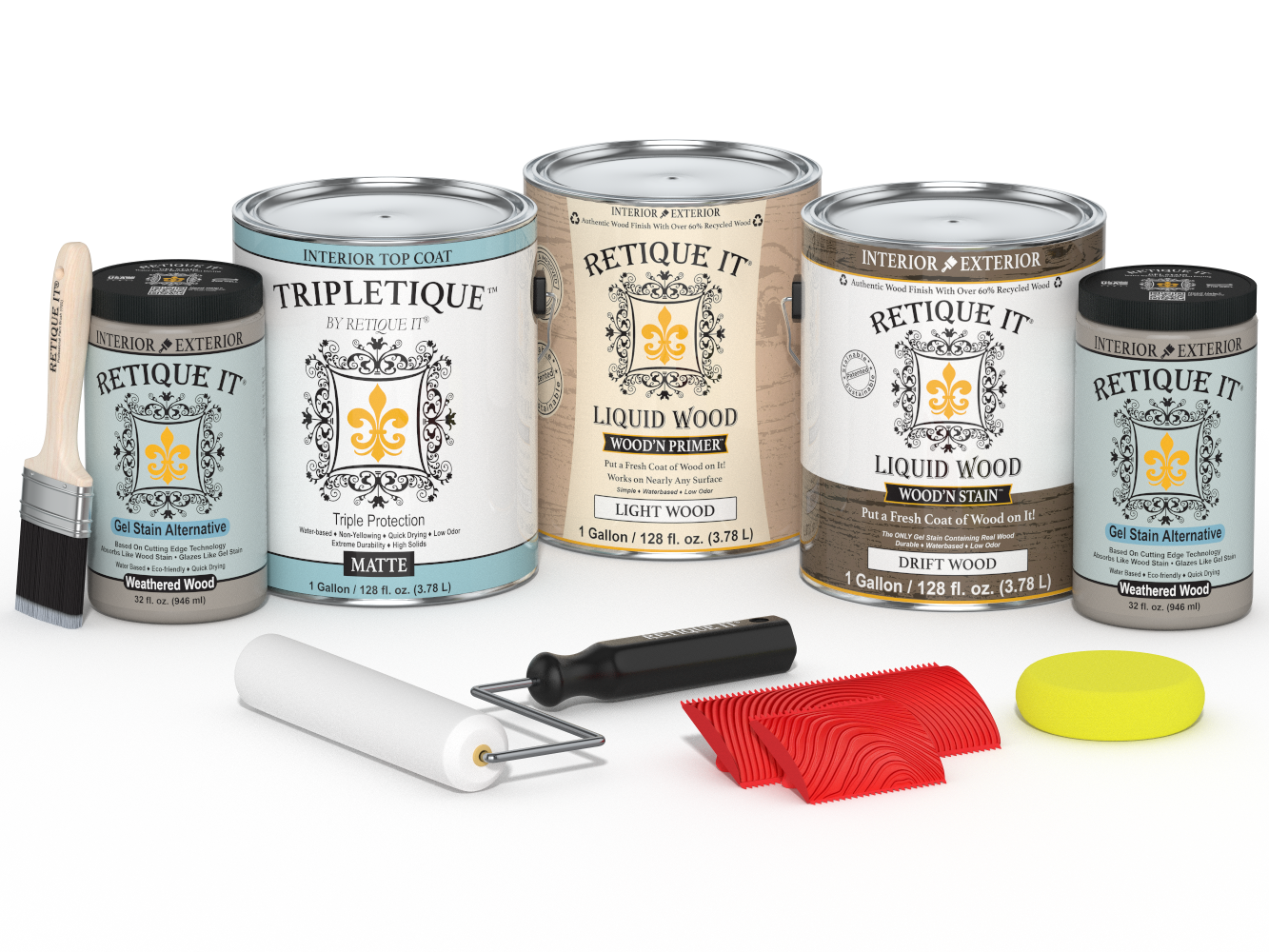 Retique It® Wood'n Cabinet Kit with 48 driftwood-colored grained stains, matte finish, showcasing cabinet doors and wood texture.