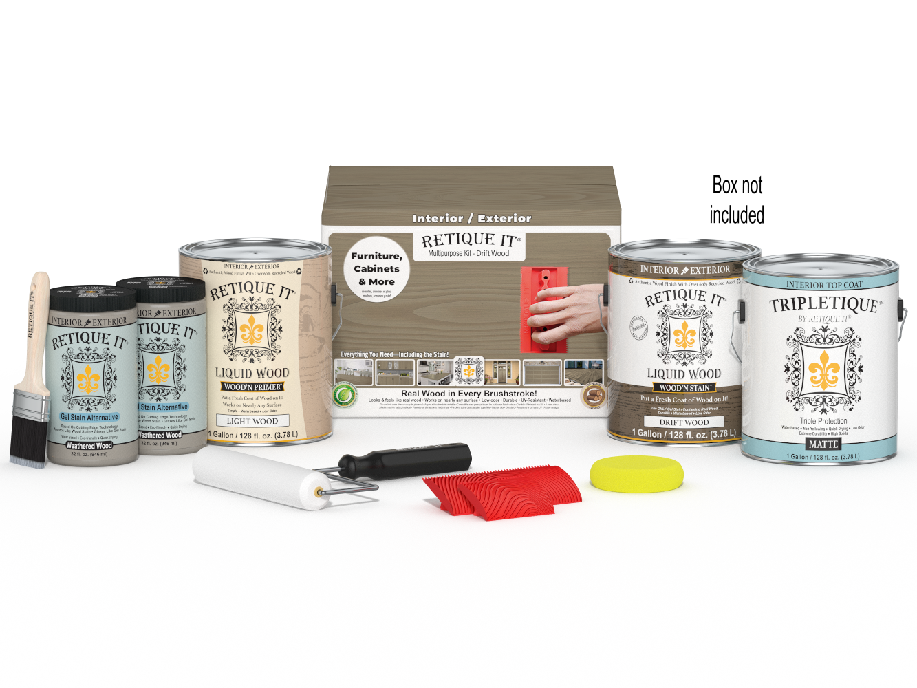 Retique It® Wood'n Kit with four large driftwood finish containers, interior top coat for wood furniture and decor.