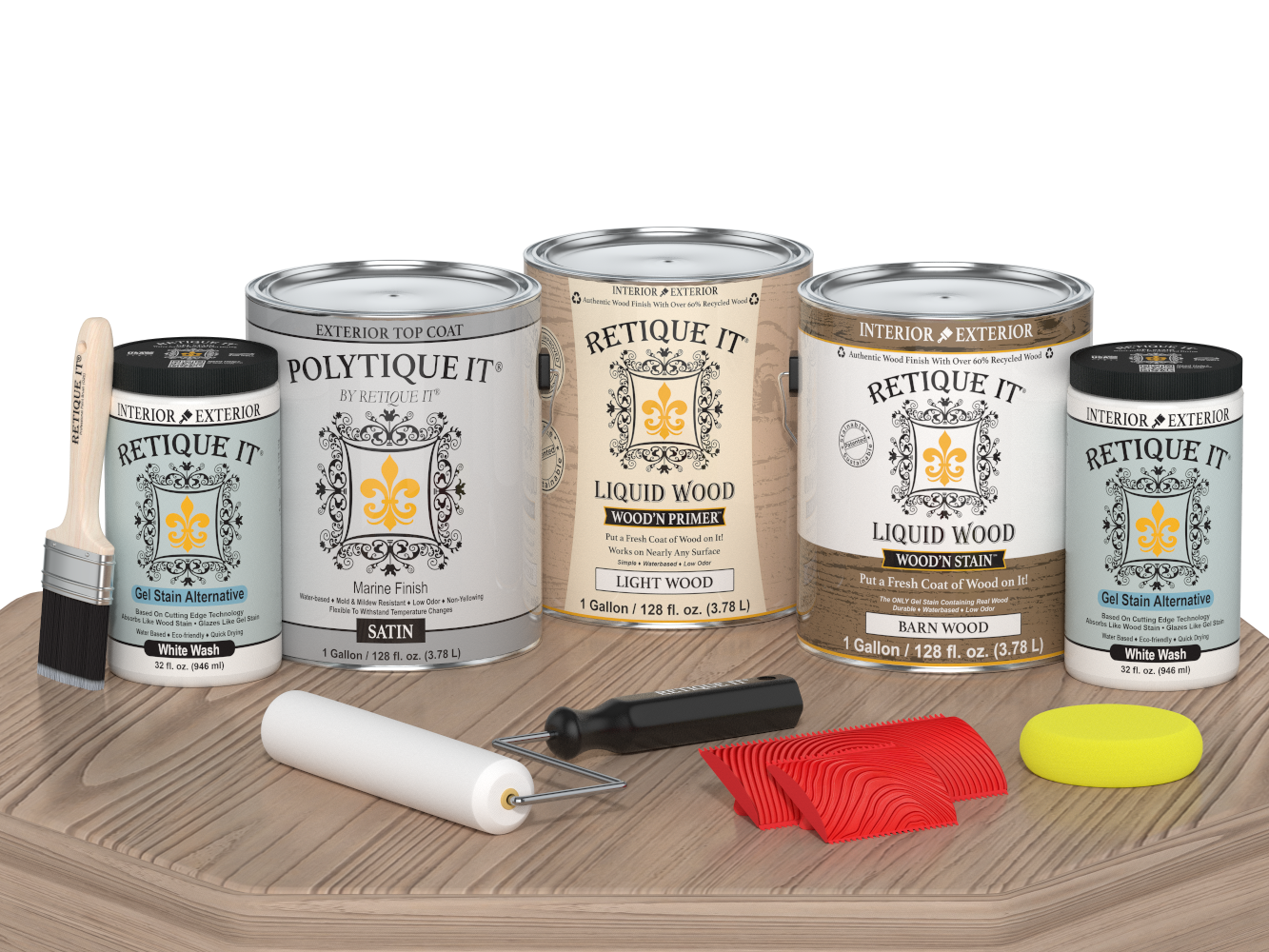 Retique It® Wood'n Finish Kit in French Oak with satin top coat, including four large containers for exterior wood finishing.