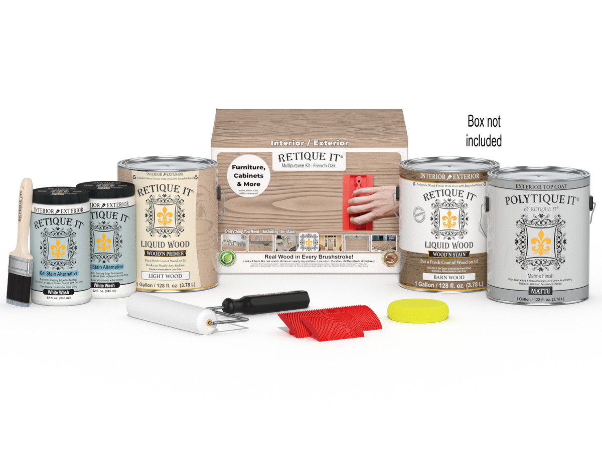 Retique It® Wood'n Finish Kit French Oak exterior top coat with four large wood finishing products and applicator tools.