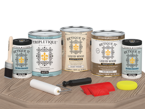 Retique It® Wood'n Kit French Oak interior top coat set with four large bottles, matte finish, for wood furniture and surfaces.