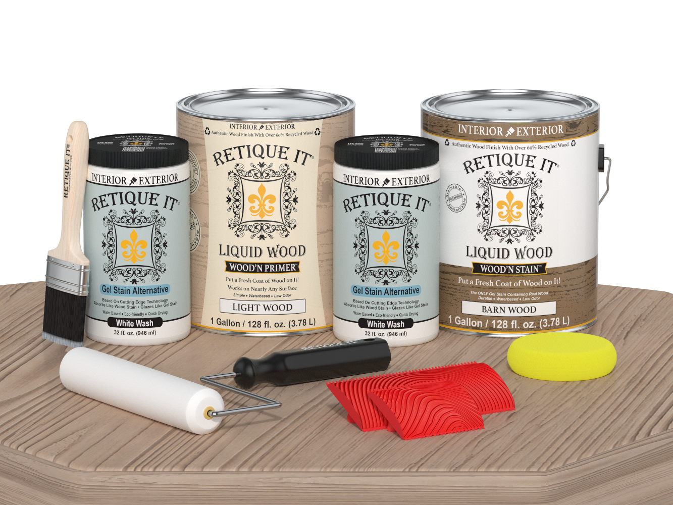 Retique It® Wood'n Finish Kit in French Oak, 4 large multi-purpose wood finishing kits displayed on a table.