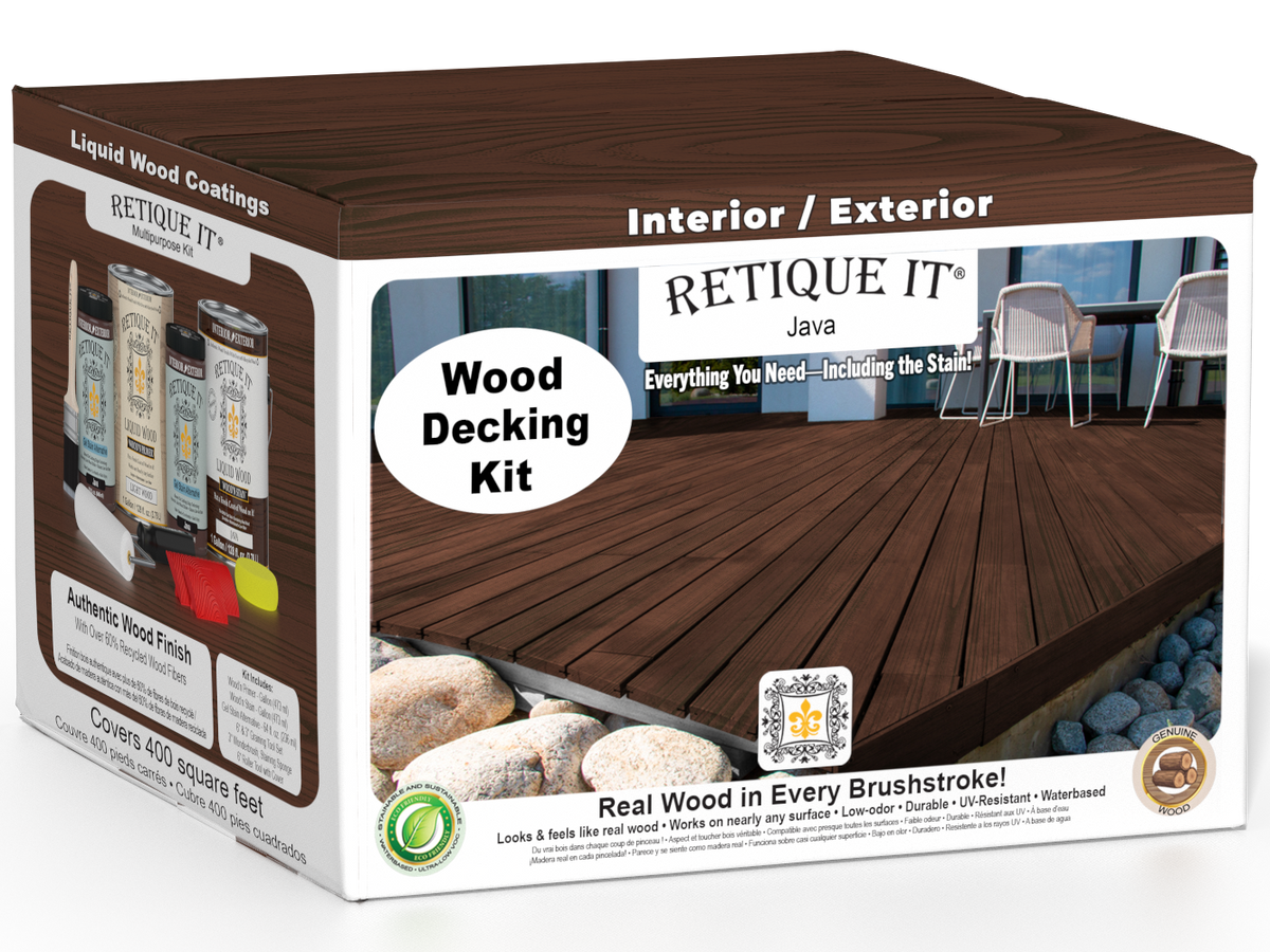 Retique It Decking Wood'n Kit in Java stain, showing a wooden deck with a rich Java color finish.