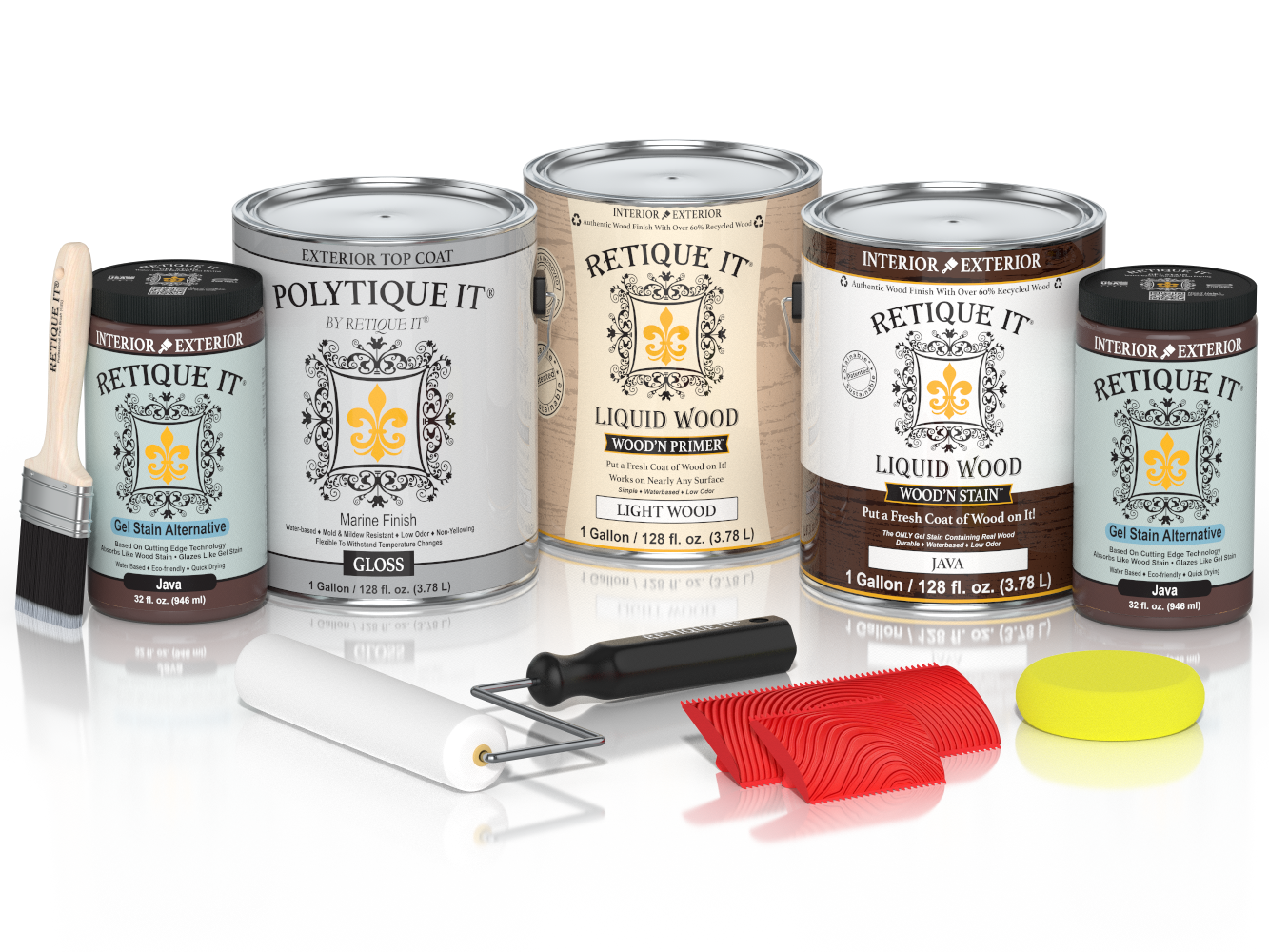 Retique It® Wood'n Finish Kit Java exterior top coat set with four large containers, glossy wood finish for outdoor projects.