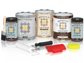 Retique It® Wood'n Finish Kit Java exterior top coat set with four large containers, glossy wood finish for outdoor projects.