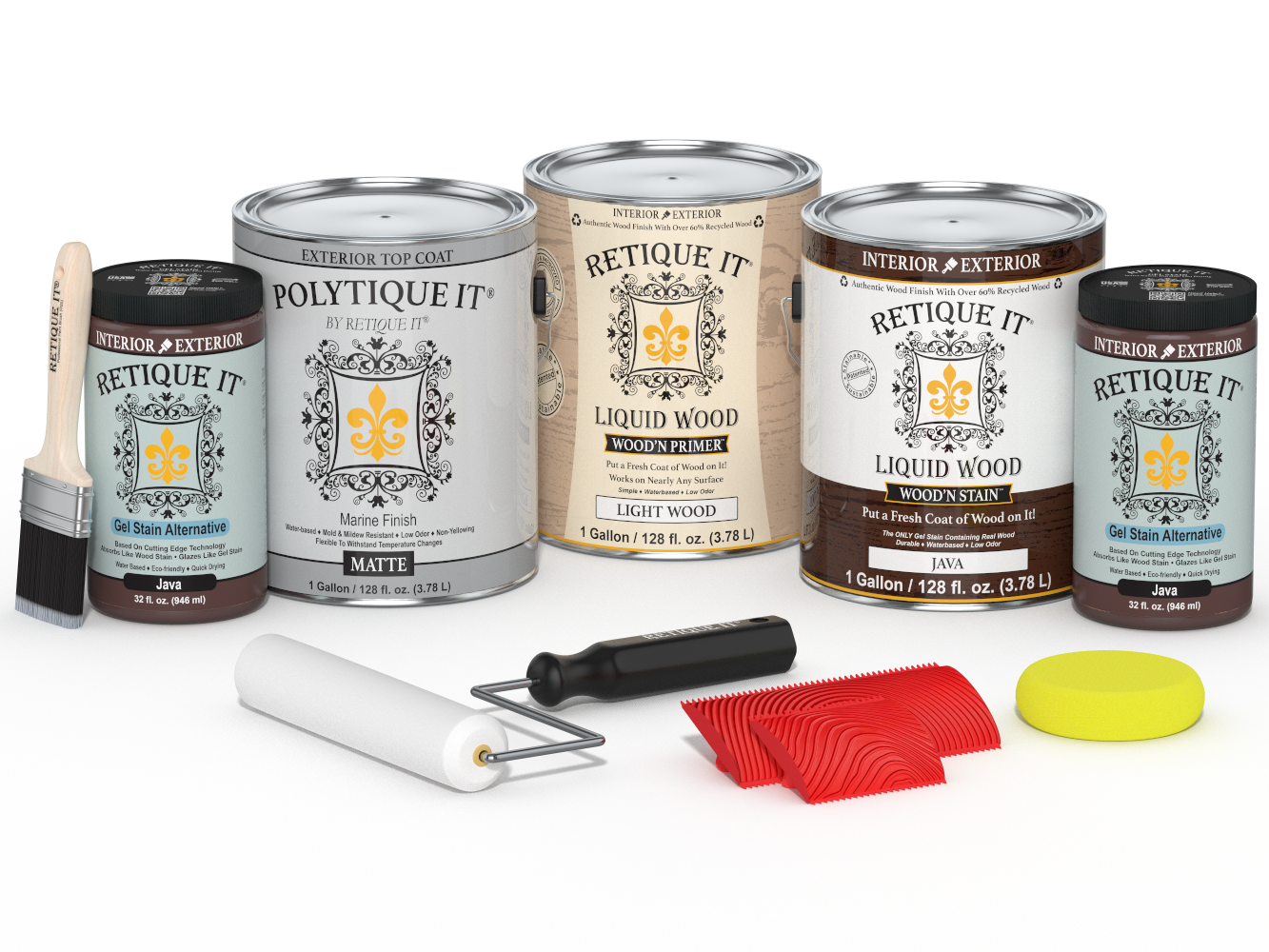 Retique It® Wood'n Kit Java exterior top coat set with four large finish kits, featuring matte wood finish for outdoor projects.