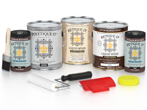 Retique It® Wood'n Finish Kit Java exterior top coat with four large satin wood treatment bottles on a white background.