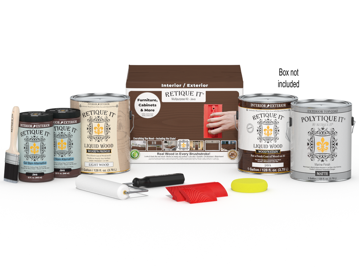 Retique It® Wood'n Kit Java exterior top coat with four large finish bottles and applicator box for wood finishing projects.