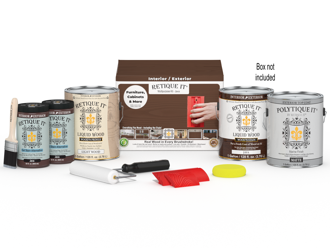 Retique It® Wood'n Kit Java exterior top coat with four large finish bottles and applicator box for wood finishing projects.