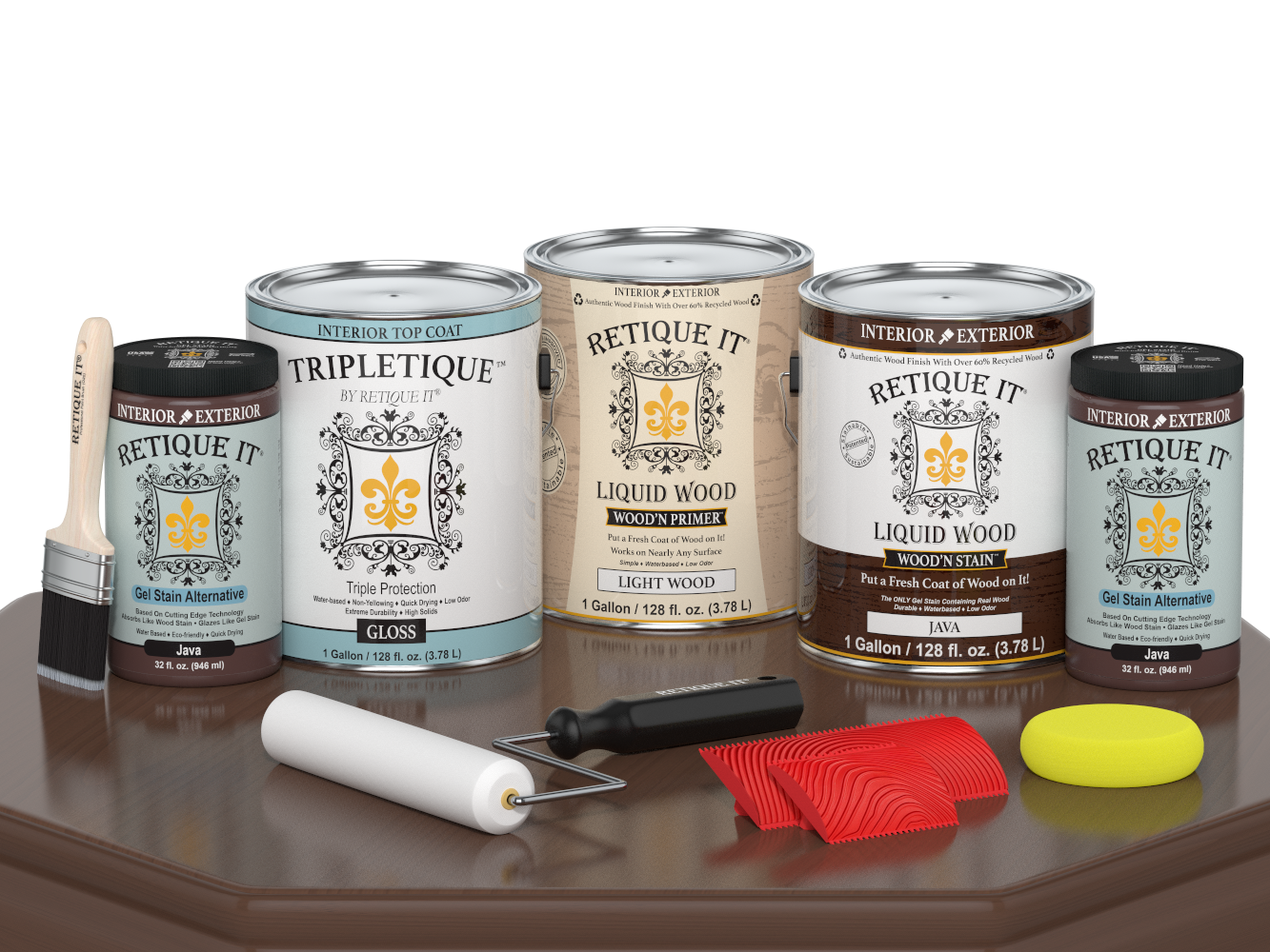 Glossy Java wood finish kit with four large containers, part of Retique It® Wood'n Finish Kits for interior top coating.