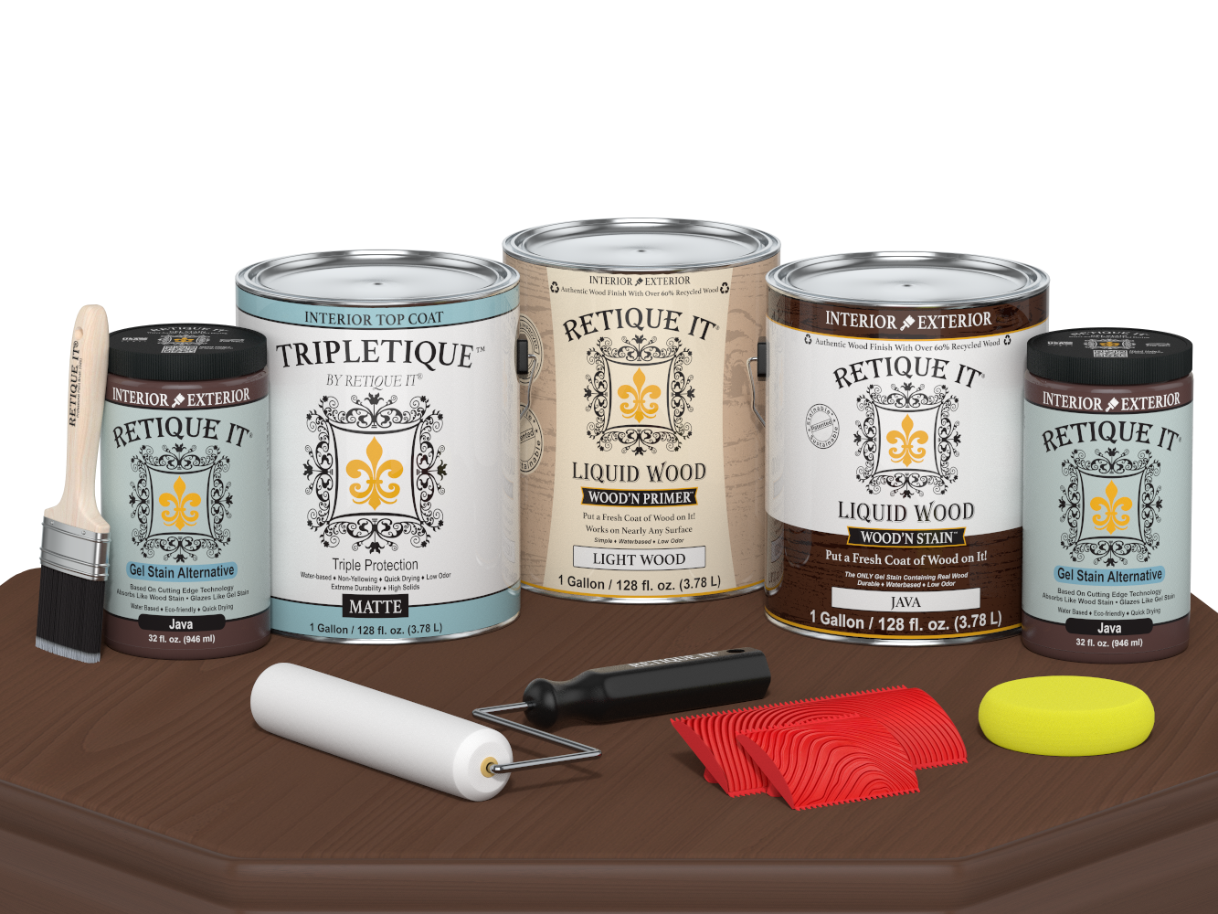 Retique It® Wood'n Finish Kit Java in matte, includes four large containers for interior wood top coating on a table.