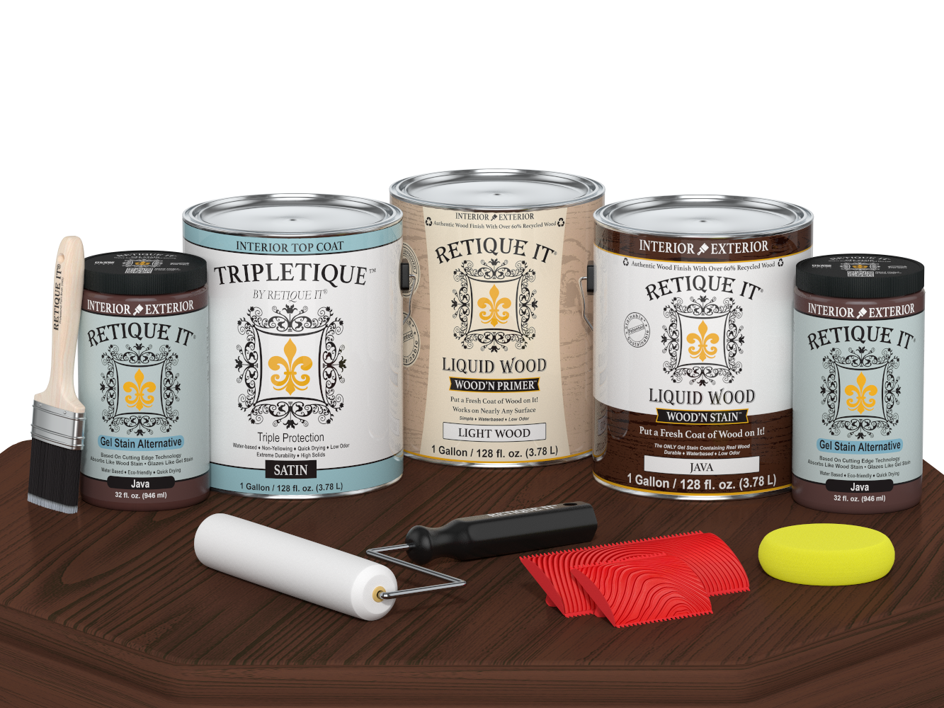 Retique It® Wood'n Cabinet Kit Java stain with 48 grained cabinet doors in satin finish, shown on a tabletop.