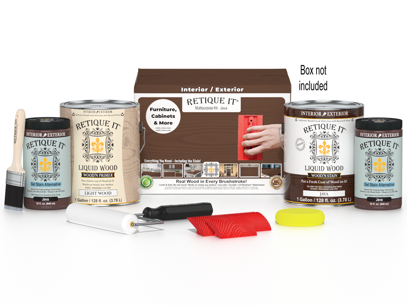 Retique It® Wood'n Finish Kit Java with four large wood stain applicator bottles and box, ideal for multi-purpose wood finishing projects.