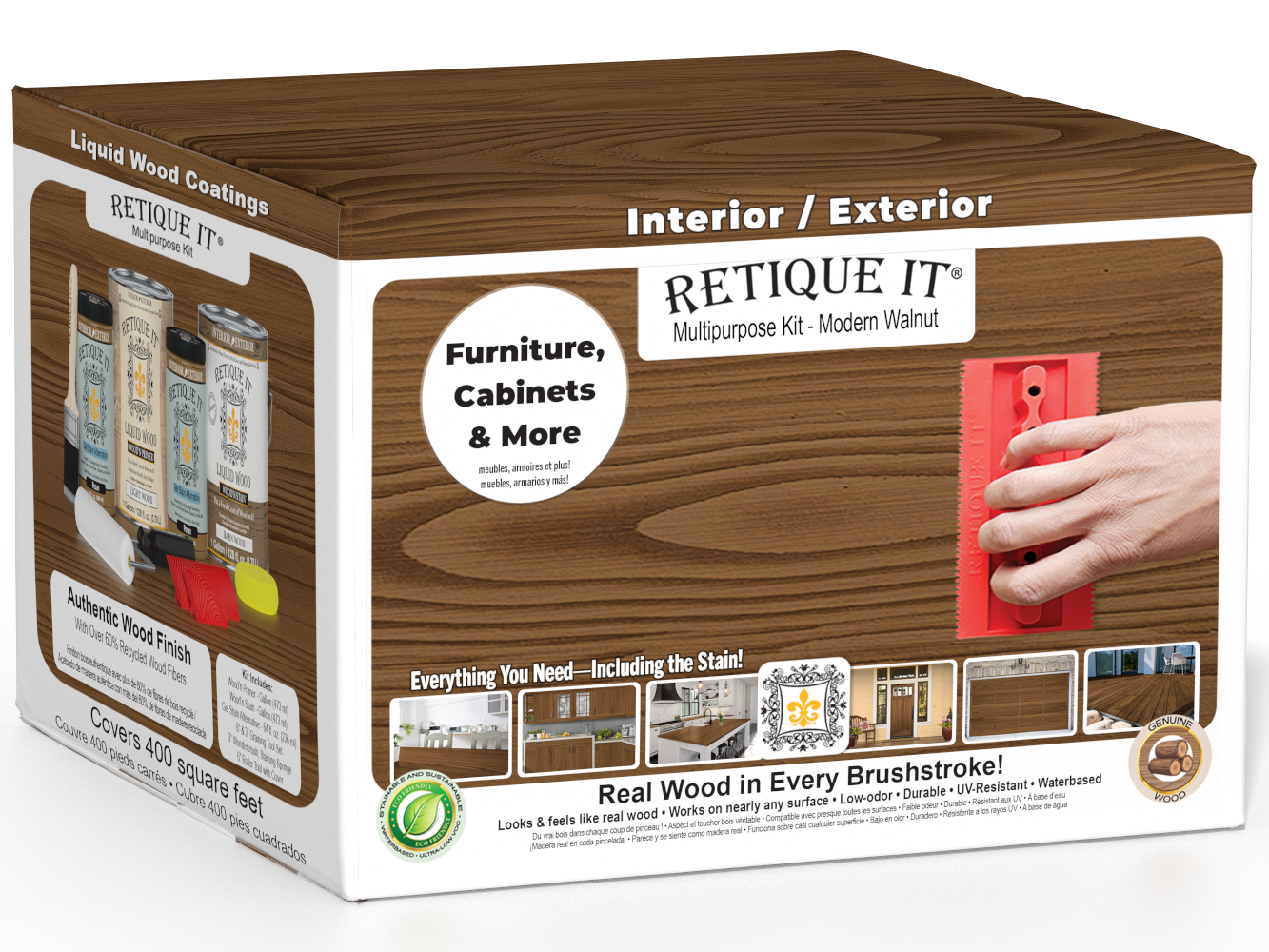 Retique It® Wood'n Finish Kit in Modern Walnut with exterior topcoat, includes four large wood finish containers, ready for wood projects.