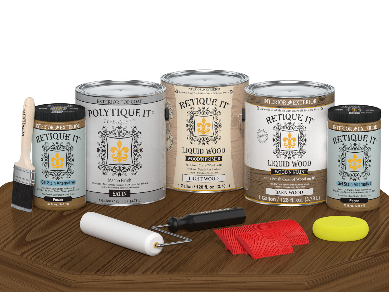 Retique It® Wood'n Kit in Modern Walnut with satin topcoat, featuring four large wood finish bottles on a table.