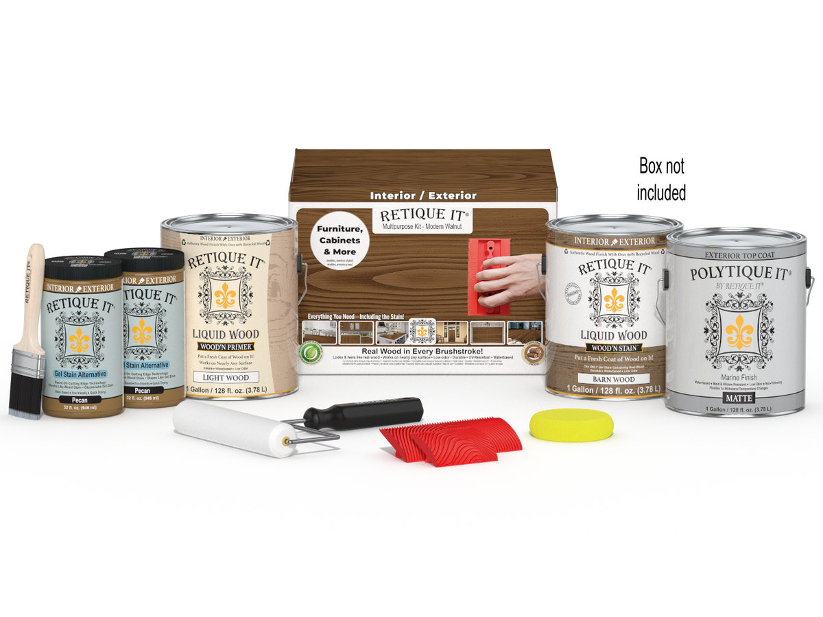 Retique It® Wood'n Finish Kit in Modern Walnut with four large exterior topcoat bottles and applicator tools on box.