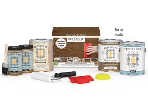 Retique It® Wood'n Finish Kit in Modern Walnut with interior topcoat, featuring four large wood finishing products in a box.