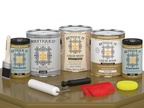 Retique It® Wood'n Finish Kit in Old Oak, large exterior top coat with glossy finish, shown in a table application.