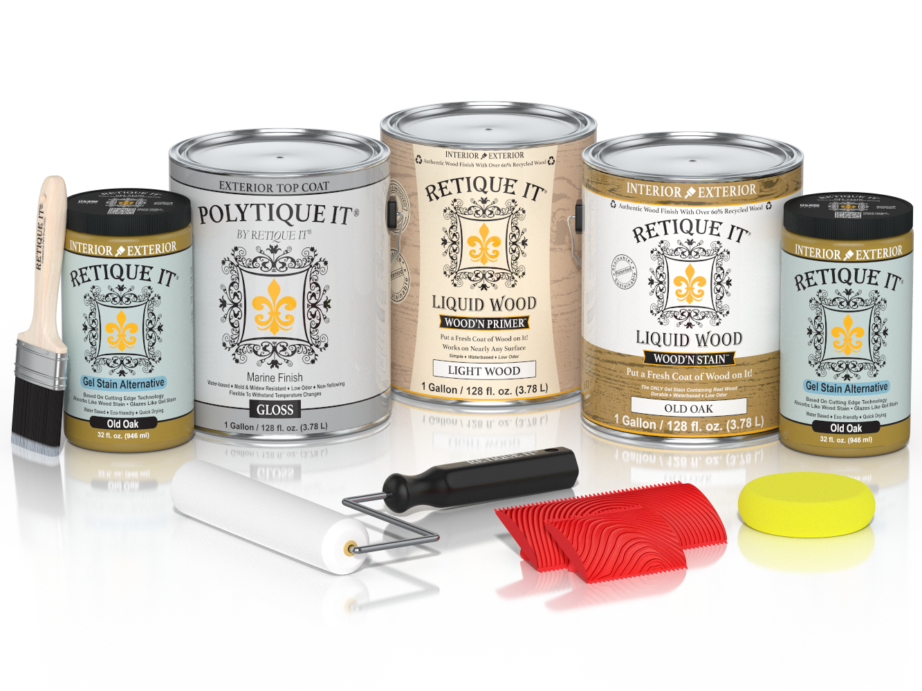 Glossy Old Oak exterior wood finish kit with four large containers from Retique It® Wood'n Finish Kits, ideal for multi-purpose wood projects.