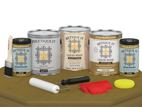Retique It® Wood'n Finish Kit in Old Oak with matte top coat, containing four large wood finishing products for exterior use.