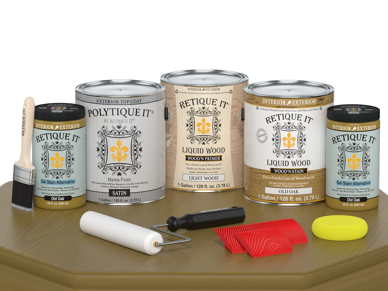 Retique It® Wood'n Finish Kit in Old Oak, exterior top coat, showing four large wood treatment bottles with satin finish on a table.