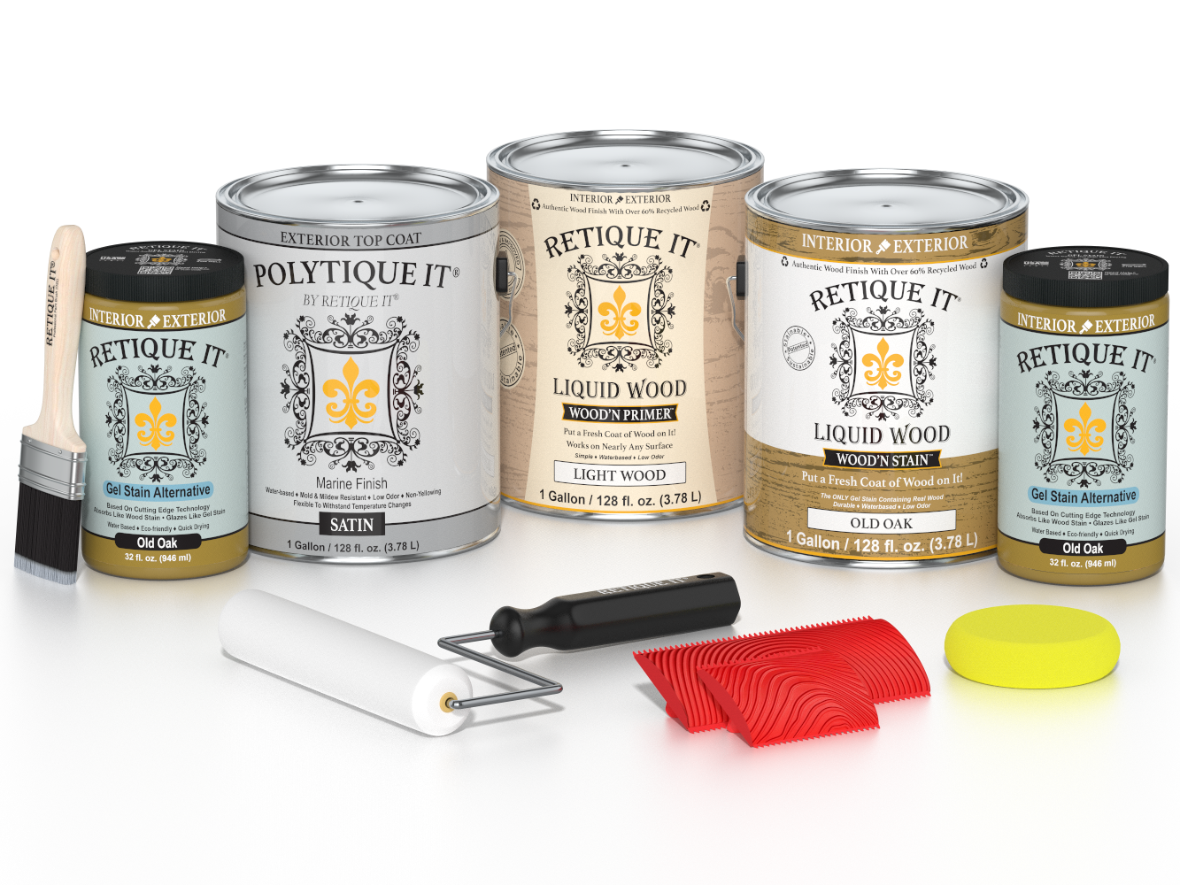 Retique It® Wood'n Finish Kit in Old Oak with satin top coat, featuring four large wood treatment containers for exterior use
