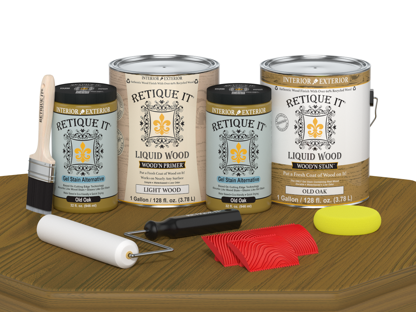 Retique It® Wood'n Cabinet Kit in Old Oak stain featuring 48 grained cabinet doors on a table display.