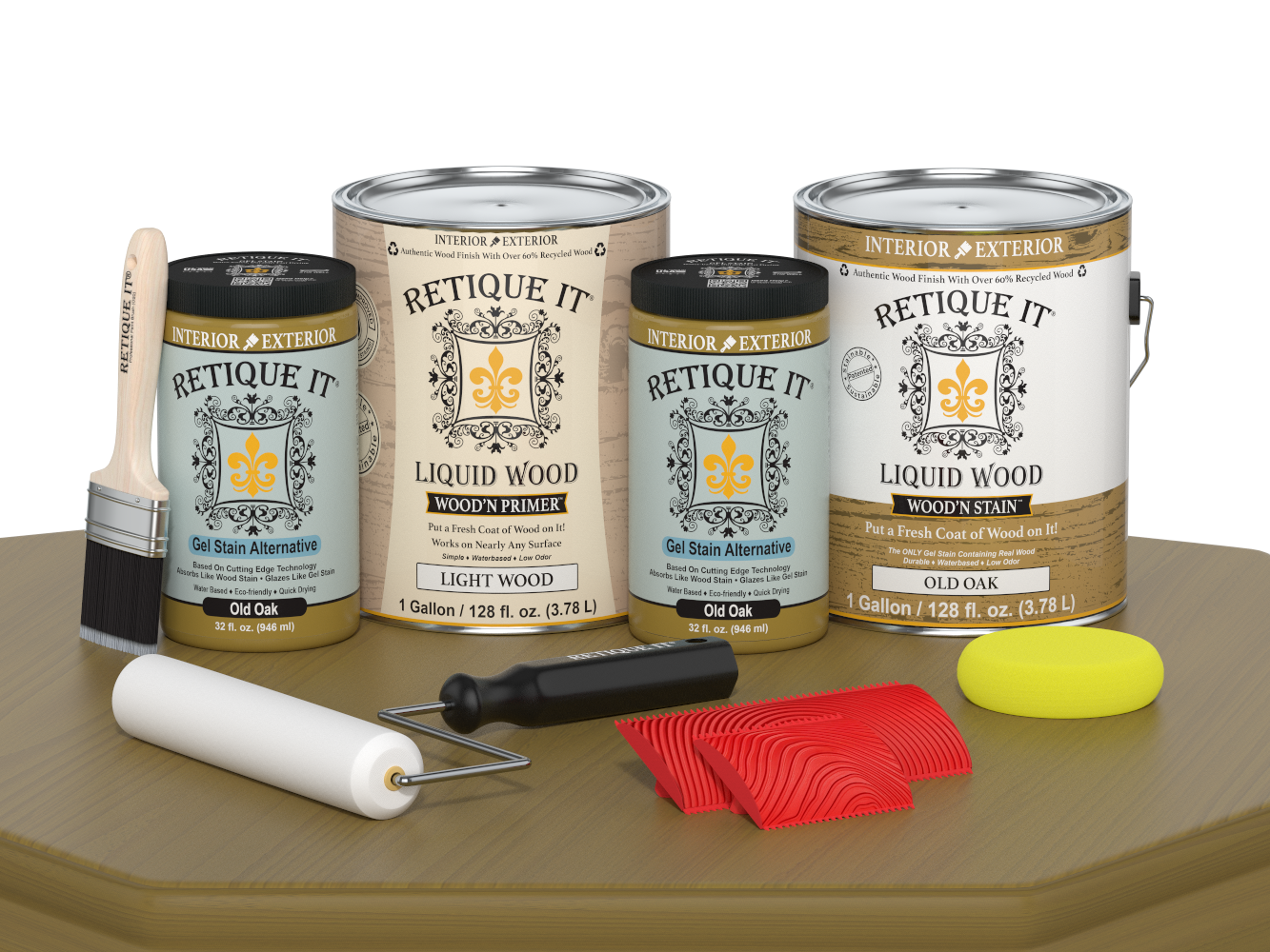 Retique ItÂ® Wood'n Finish Kit in Old Oak, 4 large multi-purpose wood finishing kits shown on table.