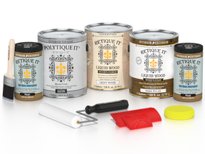 Retique It® Wood'n Finish Kit in Dark Pecan with four large containers for exterior top coat, satin finish, wood exterior protection.