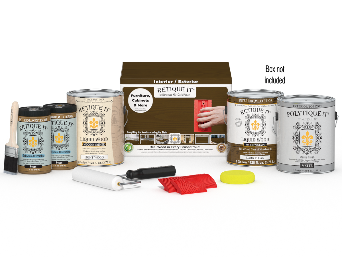 Retique It® Wood'n Finish Kit in Dark Pecan with four large exterior top coat bottles and applicator tools in a box.