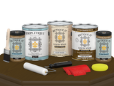 Dark Pecan Wood'n Finish Kit by Retique It® with four large bottles of interior top coat for wood furniture and projects.