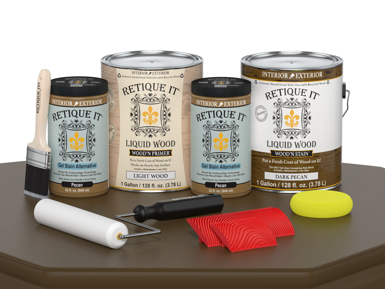Retique ItÂ® Wood'n Finish Kit in Dark Pecan with four large containers, ideal for multi-purpose wood finishing projects.