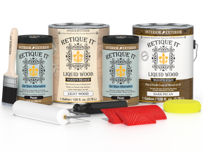 Retique ItÂ® Wood'n Finish Kit in Dark Pecan with four large bottles, designed for multi-purpose wood finishing projects.