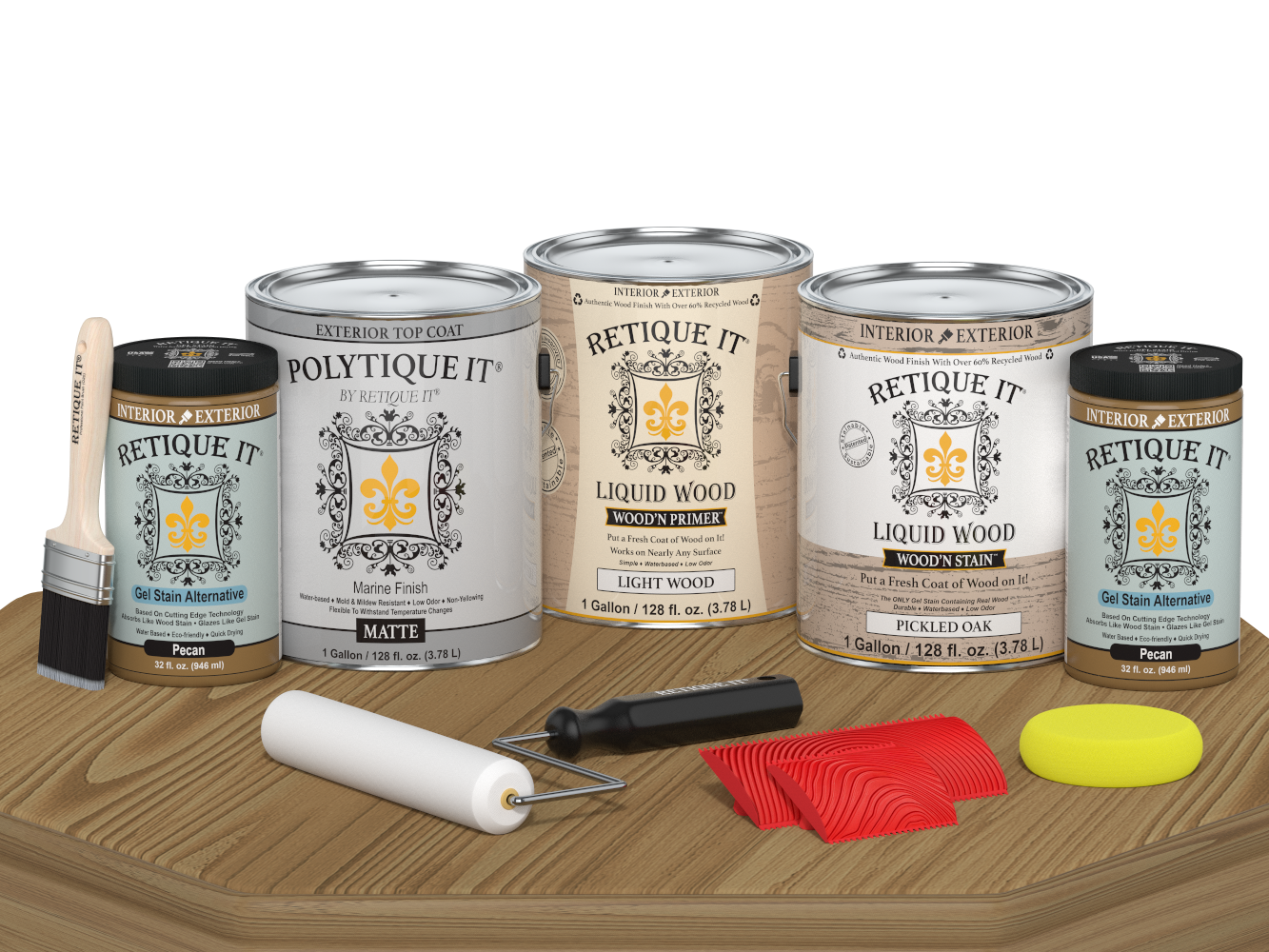 Retique It® Wood'n Finish Kit in Pickled Oak with matte top coat, includes four large containers for exterior wood finishing.