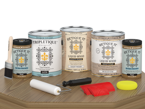 Retique It® Wood'n Finish Kit in Pickled Oak, interior top coat for wood, shown on a table with satin finish.