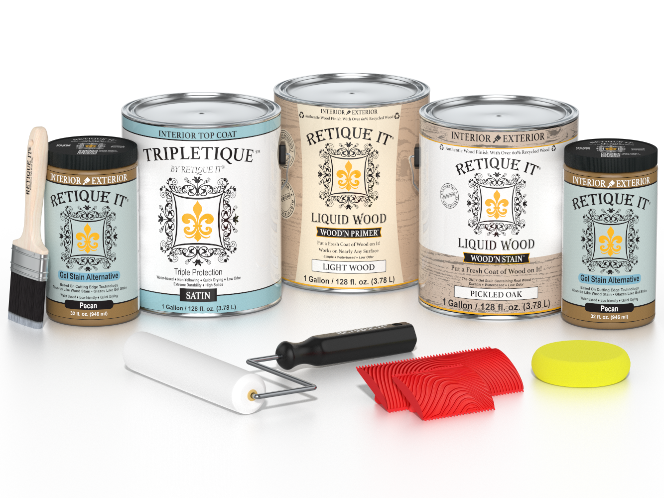 Retique It® Wood'n Kit with four large pickled oak finish top coats for interior wood projects, satin sheen, versatile wood finish set.
