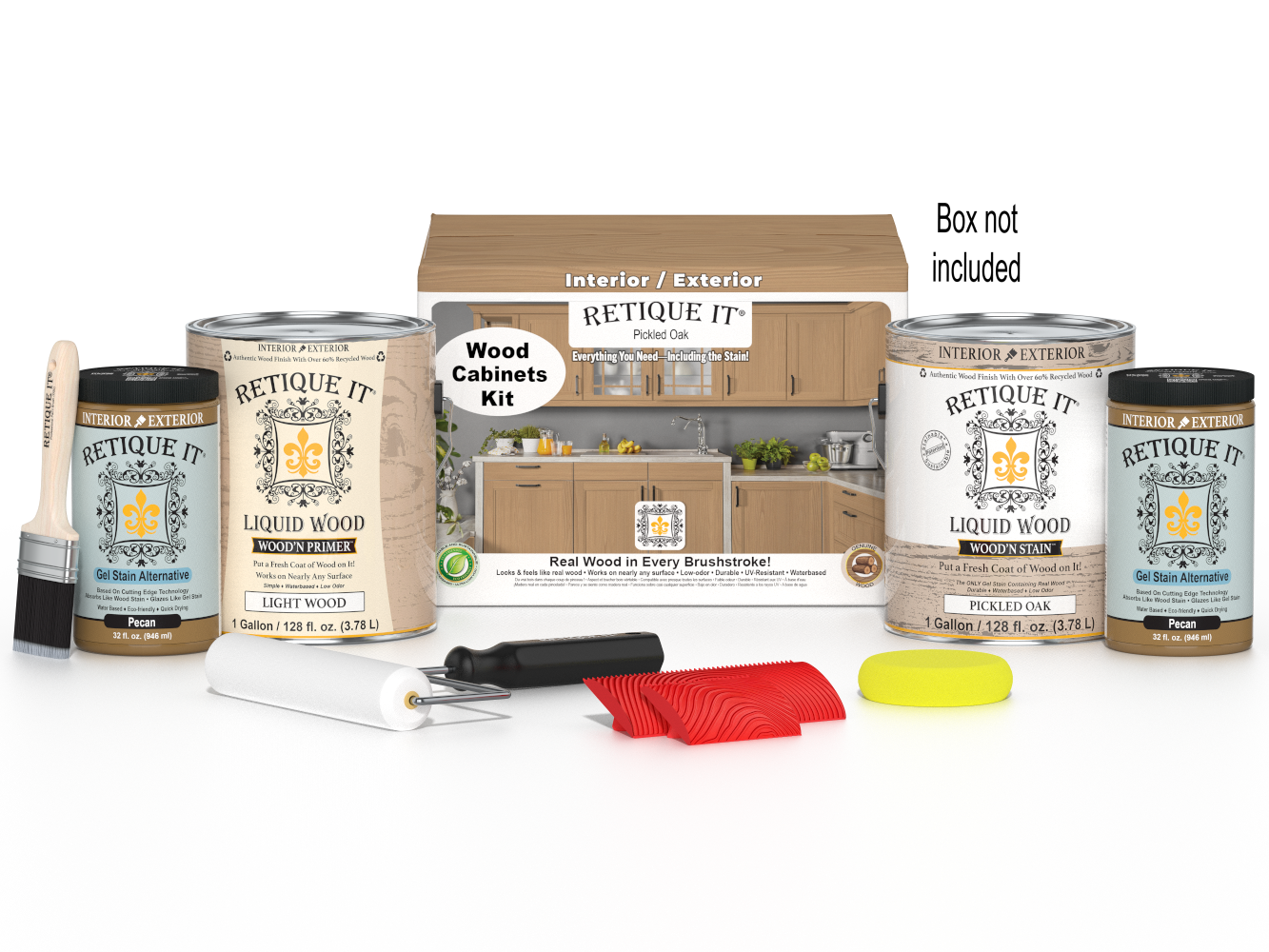 Retique It® Wood'n Cabinet Kit with 48 pickled oak grained cabinet doors and stain for DIY kitchen or furniture renovation.