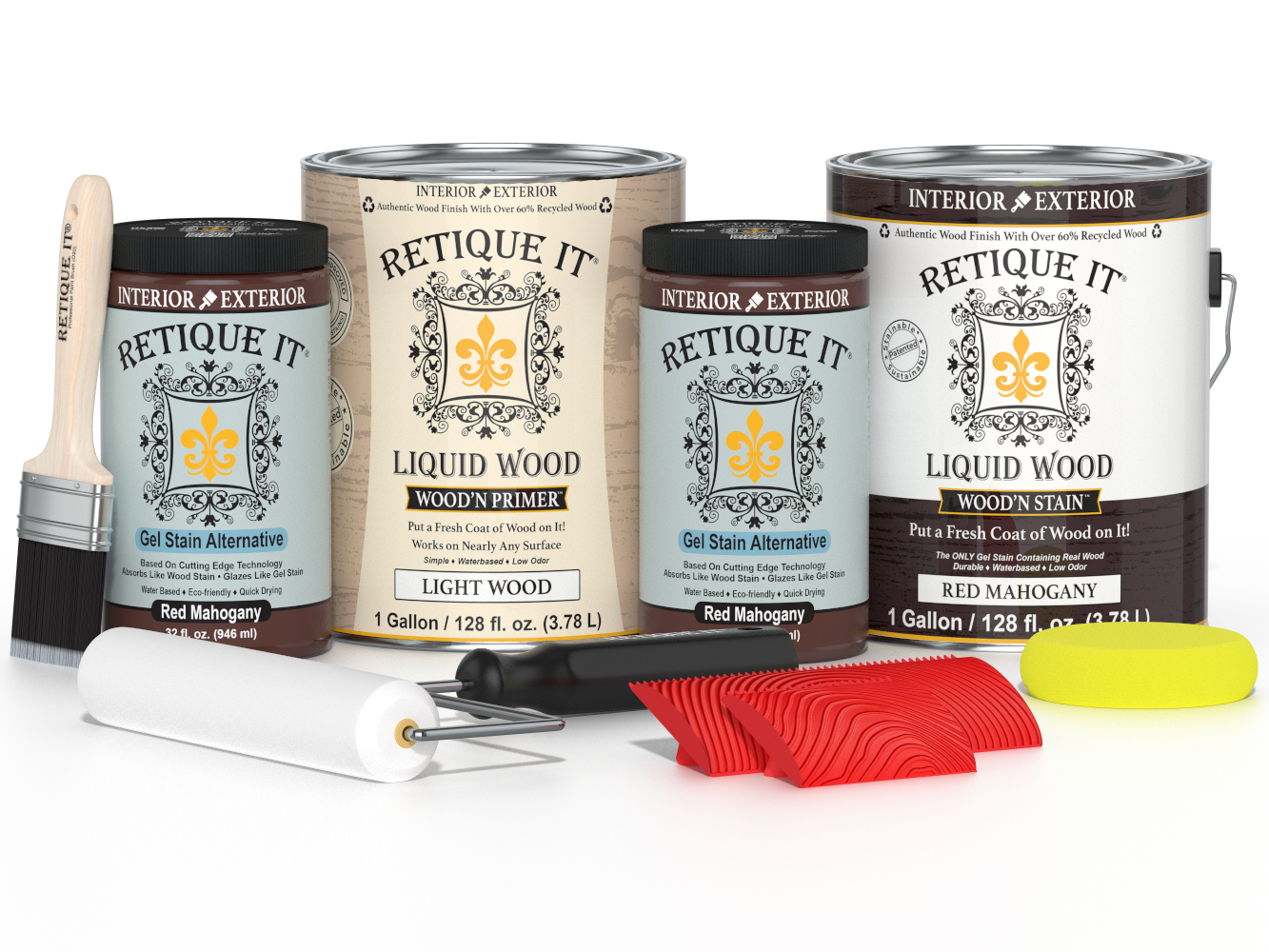 Retique It® Wood'n Cabinet Kit with 48 red mahogany stained cabinet doors, featuring wood grain finish for kitchen or furniture.