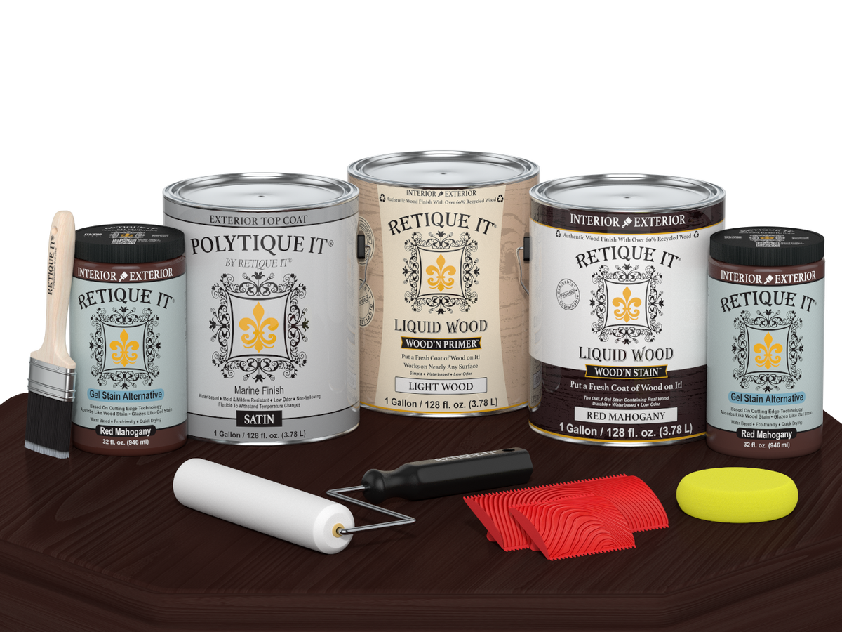 Retique It Red Mahogany decking wood stain kit with satin finish, shown on a wooden surface. Perfect for outdoor decking projects.