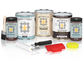 Retique It® Wood'n Cabinet Kit with 48 red mahogany stained, grained cabinet doors, glossy finish, for kitchen or bathroom remodeling.